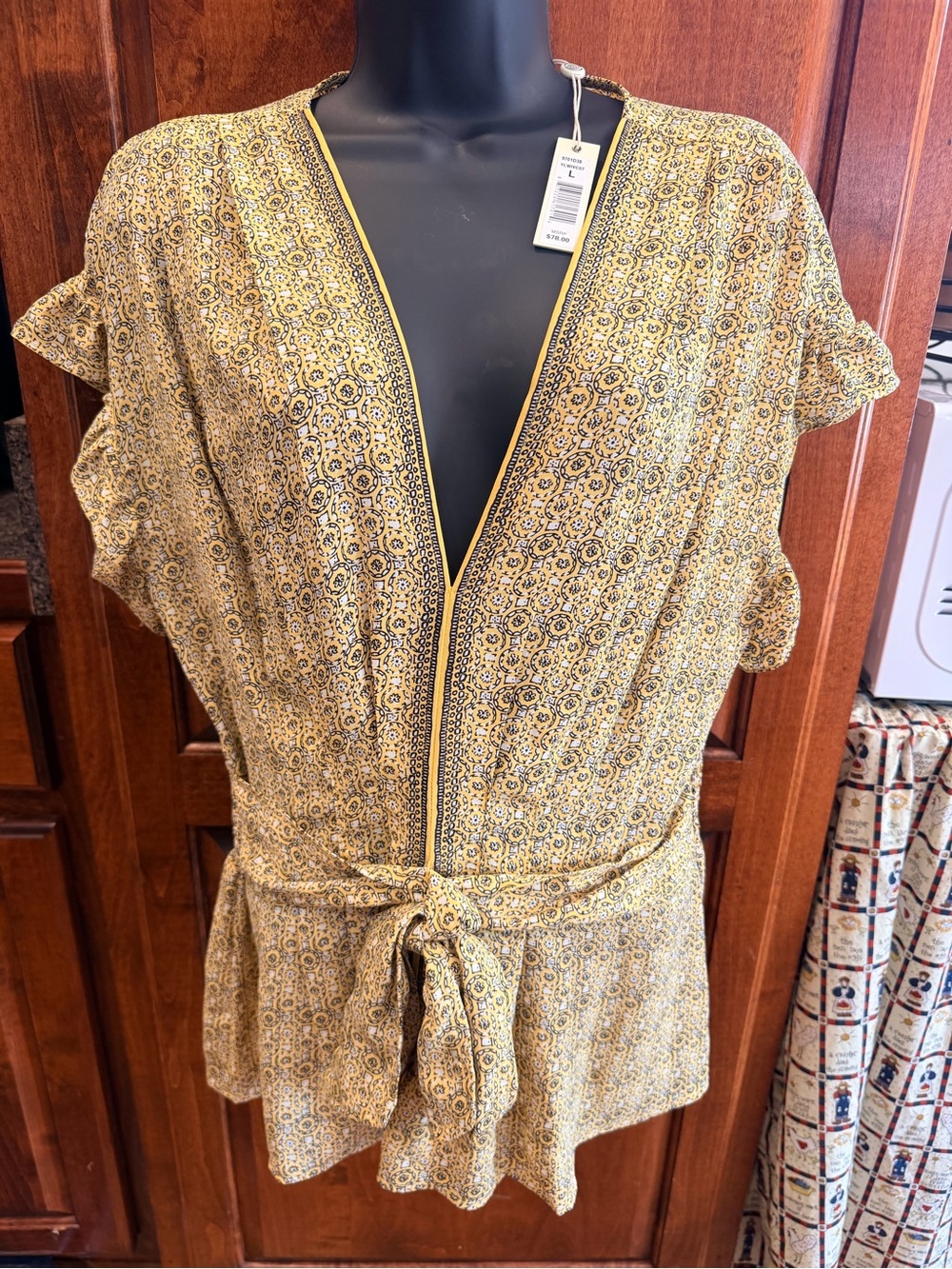 Max Studio Yellow Printed V-Neck Swim Coverup with Tie